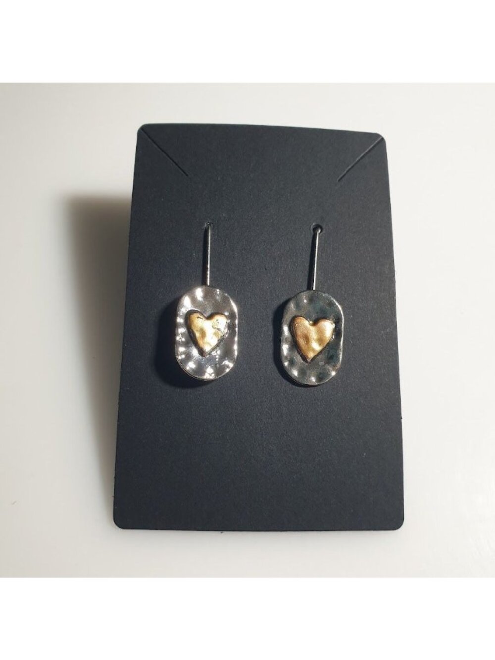Handmade Dangle Earrings Silver Tone Gold Heart Mixed Metal Hammered Valentine